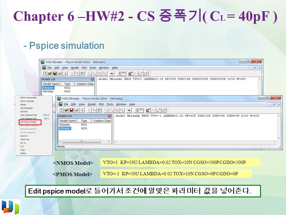 Chapter 6 –HW#2 - CS 증폭기 ( C L = 40pF ) - Pspice simulation Edit pspice model 로 들어가서 조건에 알맞은 파라미터 값을 넣어준다.