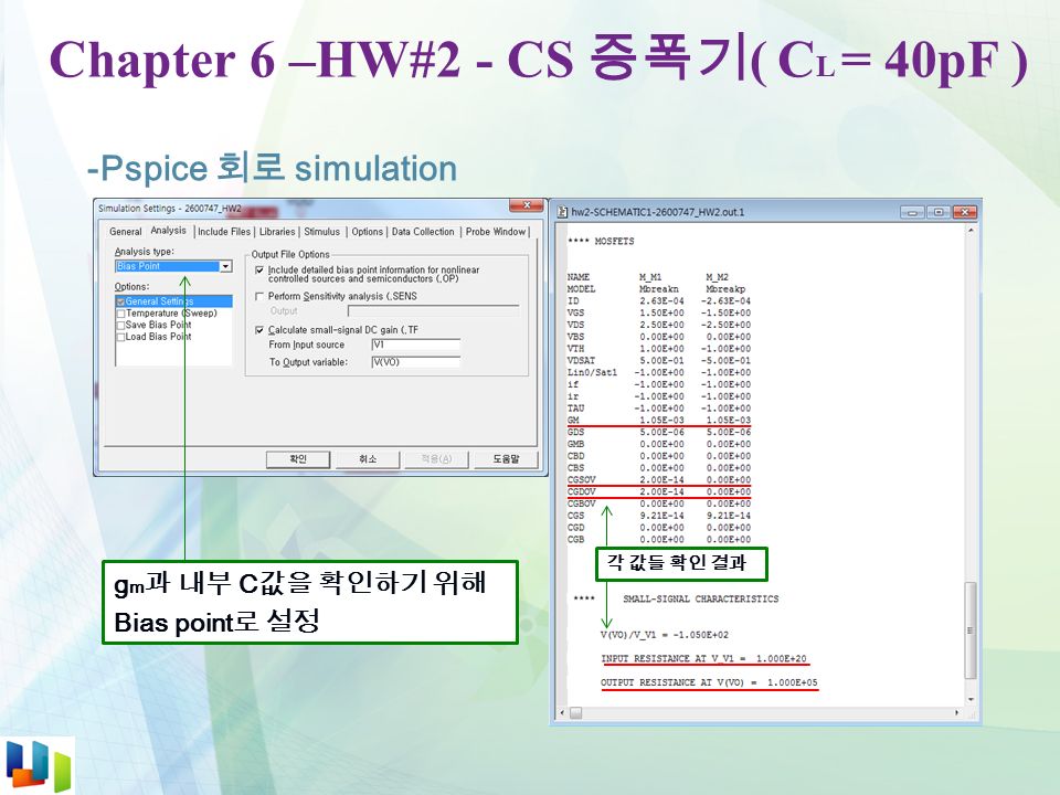 Chapter 6 –HW#2 - CS 증폭기 ( C L = 40pF ) -Pspice 회로 simulation g m 과 내부 C 값을 확인하기 위해 Bias point 로 설정 각 값들 확인 결과