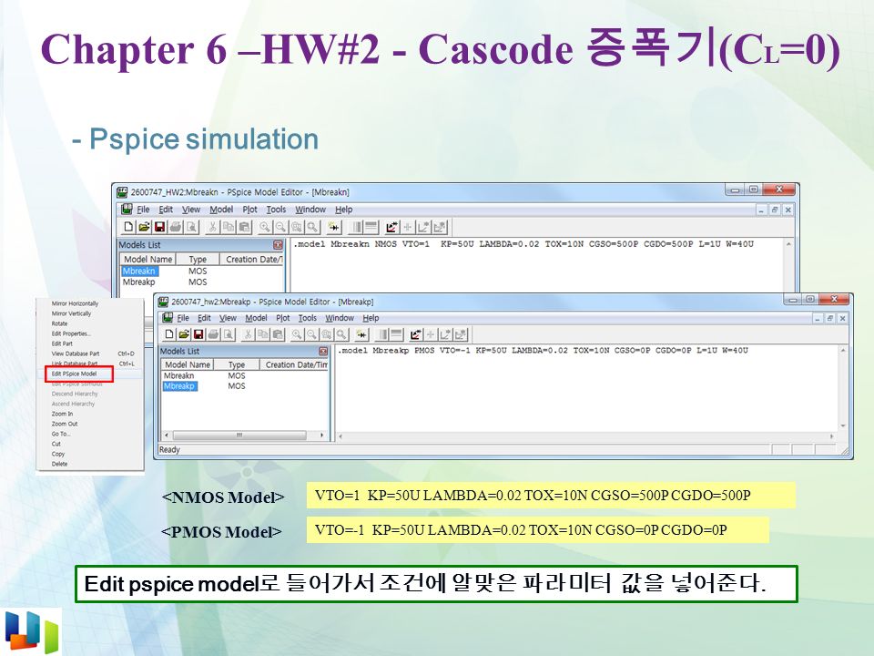 Chapter 6 –HW#2 - Cascode 증폭기 (C L =0) - Pspice simulation Edit pspice model 로 들어가서 조건에 알맞은 파라미터 값을 넣어준다.
