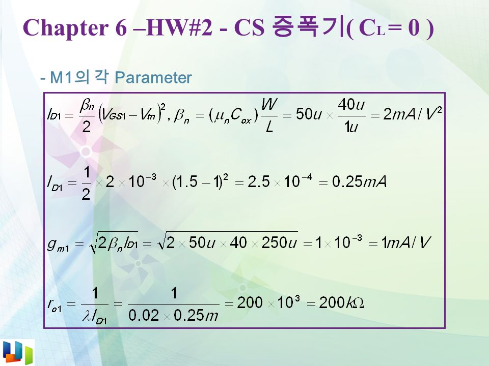 Chapter 6 –HW#2 - CS 증폭기 ( C L = 0 ) - M1 의 각 Parameter