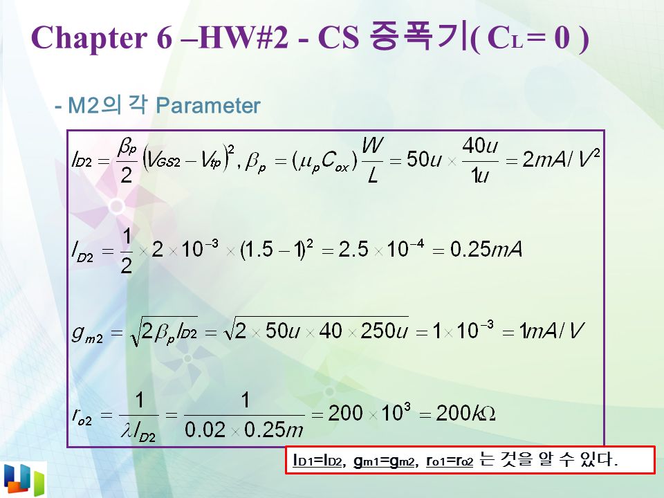 Chapter 6 –HW#2 - CS 증폭기 ( C L = 0 ) - M2 의 각 Parameter I D1 =I D2, g m1 =g m2, r o1 =r o2 는 것을 알 수 있다.
