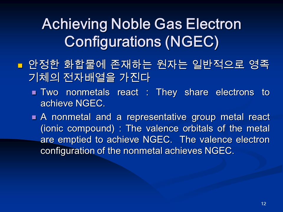 12 Achieving Noble Gas Electron Configurations (NGEC) 안정한 화합물에 존재하는 원자는 일반적으로 영족 기체의 전자배열을 가진다 안정한 화합물에 존재하는 원자는 일반적으로 영족 기체의 전자배열을 가진다 Two nonmetals react : They share electrons to achieve NGEC.
