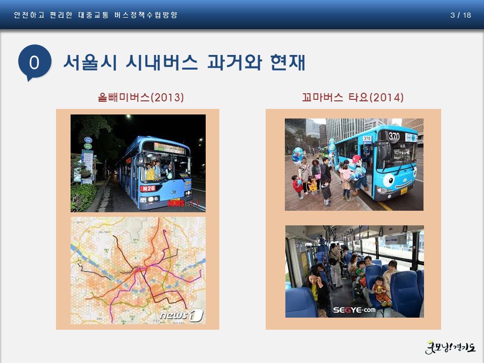 안전하고 편리한 대중교통 버스정책수립방향 3 / 18 0 꼬마버스 타요(2014)올빼미버스(2013)