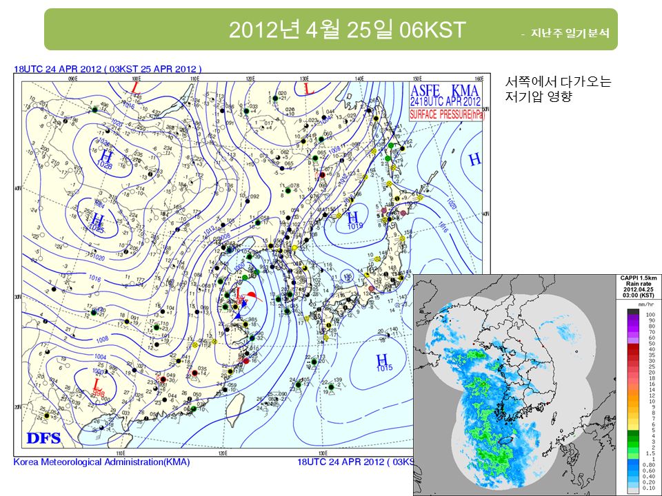 2012 년 4 월 25 일 06KST - 지난주 일기 분석 서쪽에서 다가오는 저기압 영향