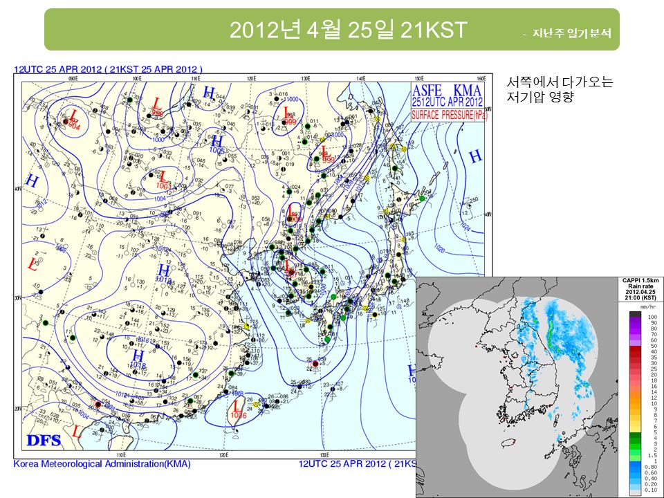 2012 년 4 월 25 일 21KST - 지난주 일기 분석 서쪽에서 다가오는 저기압 영향