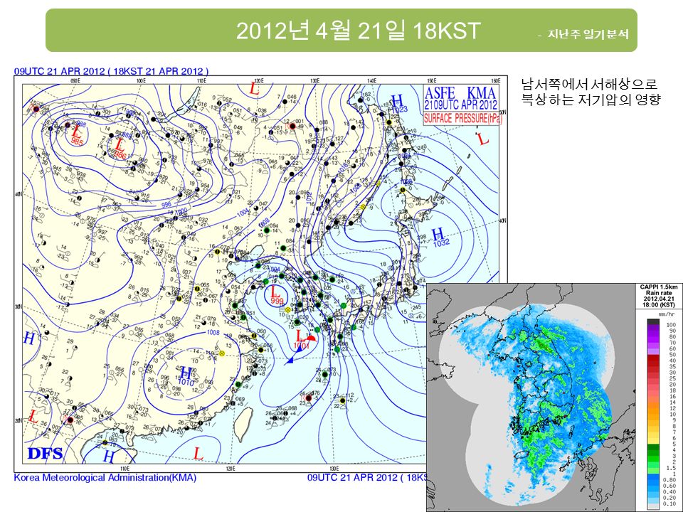 2012 년 4 월 21 일 18KST - 지난주 일기 분석 남서쪽에서 서해상으로 북상하는 저기압의 영향