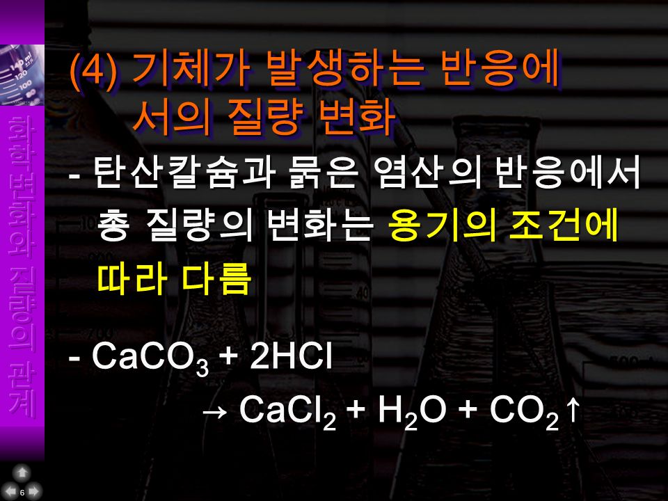 5 - 염화나트륨 + 질산은 → 염화은 ( 흰색앙금 ) + 질산나트륨 - NaCl + AgNO 3 → AgCl↓ NaNO 3 모형으로 나타낸 앙금 생성 반응의 질량 보존 모형으로 나타낸 앙금 생성 반응의 질량 보존