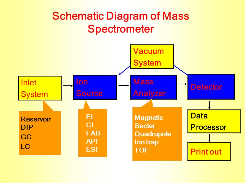 Schematic Diagram of Mass Spectrometer Inlet System Ion Source Mass Analyzer Print out Data Processor Detector Vacuum System Reservoir DIP GC LC EI CI FAB API ESI Magnetic Secter Quadrupole Ion trap TOF