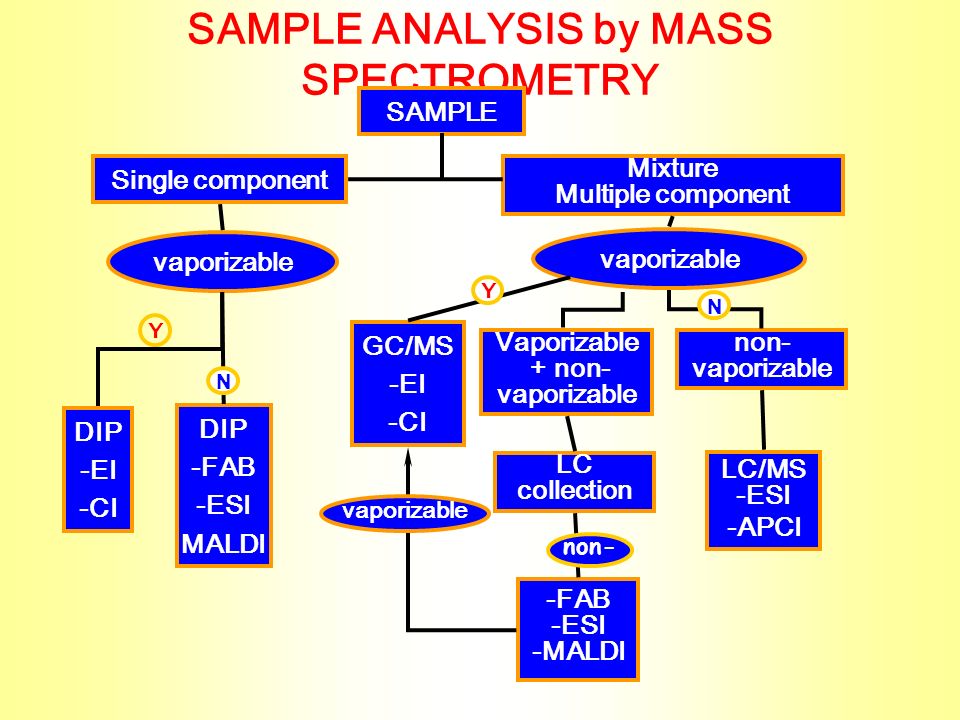 SAMPLE ANALYSIS by MASS SPECTROMETRY SAMPLE vaporizable Single component Mixture Multiple component vaporizable DIP -EI -CI DIP -FAB -ESI MALDI GC/MS -EI -CI non- vaporizable LC collection LC/MS -ESI -APCI Vaporizable + non- vaporizable -FAB -ESI -MALDI vaporizable non- Y N Y N