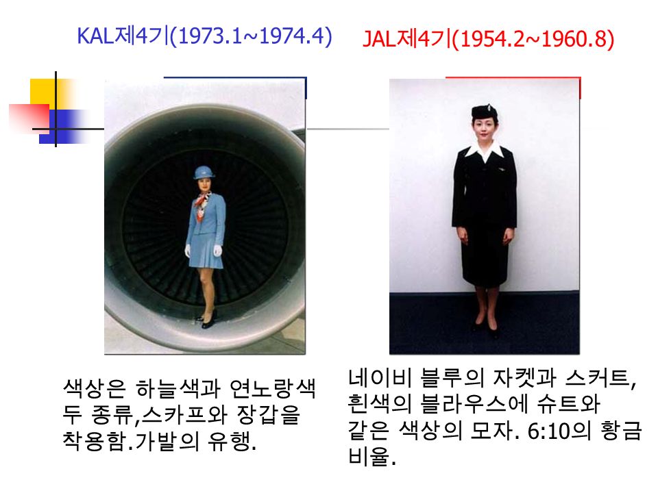 KAL 제 4 기 (1973.1~1974.4) JAL 제 4 기 (1954.2~1960.8) 색상은 하늘색과 연노랑색 두 종류, 스카프와 장갑을 착용함.