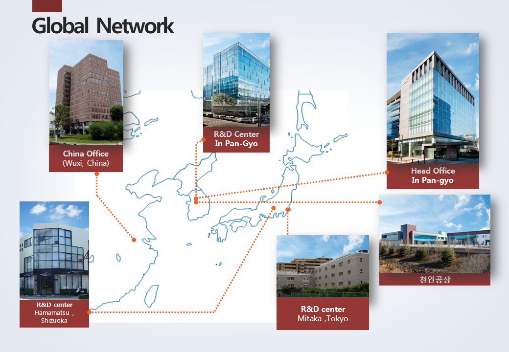 Global Network R&D Center In Pan-Gyo Head Office In Pan-gyo 천안공장 R&D center Mitaka,Tokyo R&D center Hamamatsu, Shizuoka China Office (Wuxi, China)