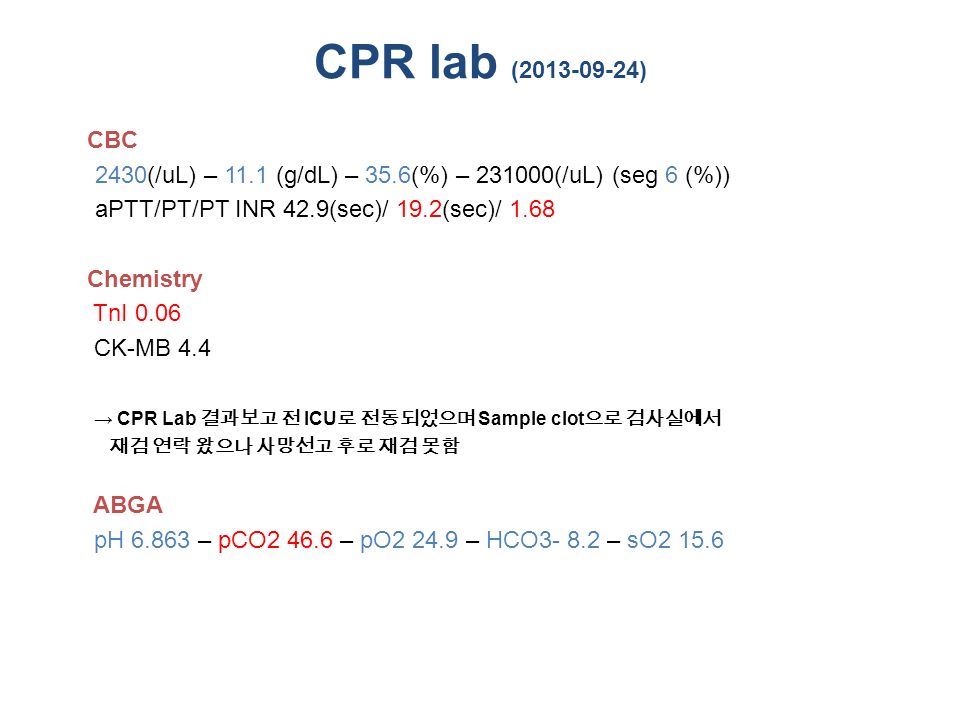 CPR lab ( ) CBC 2430(/uL) – 11.1 (g/dL) – 35.6(%) – (/uL) (seg 6 (%)) aPTT/PT/PT INR 42.9(sec)/ 19.2(sec)/ 1.68 Chemistry TnI 0.06 CK-MB 4.4 → CPR Lab 결과보고 전 ICU 로 전동되었으며 Sample clot 으로 검사실에서 재검 연락 왔으나 사망선고 후로 재검 못함 ABGA pH – pCO – pO – HCO – sO2 15.6