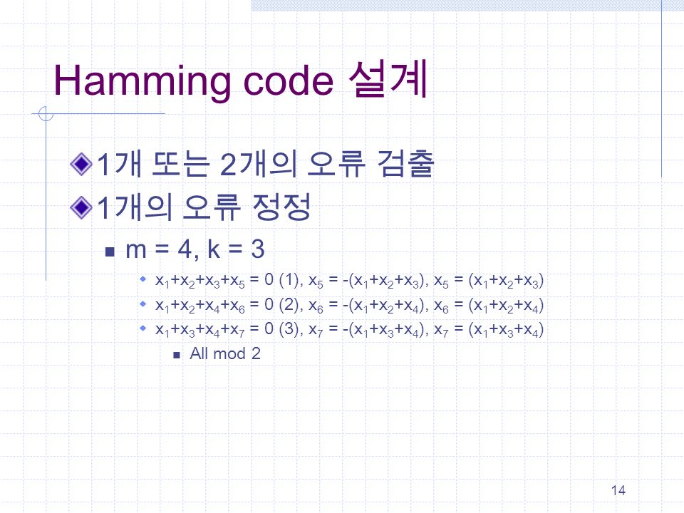 14 Hamming code 설계 1 개 또는 2 개의 오류 검출 1 개의 오류 정정 m = 4, k = 3  x 1 +x 2 +x 3 +x 5 = 0 (1), x 5 = -(x 1 +x 2 +x 3 ), x 5 = (x 1 +x 2 +x 3 )  x 1 +x 2 +x 4 +x 6 = 0 (2), x 6 = -(x 1 +x 2 +x 4 ), x 6 = (x 1 +x 2 +x 4 )  x 1 +x 3 +x 4 +x 7 = 0 (3), x 7 = -(x 1 +x 3 +x 4 ), x 7 = (x 1 +x 3 +x 4 ) All mod 2