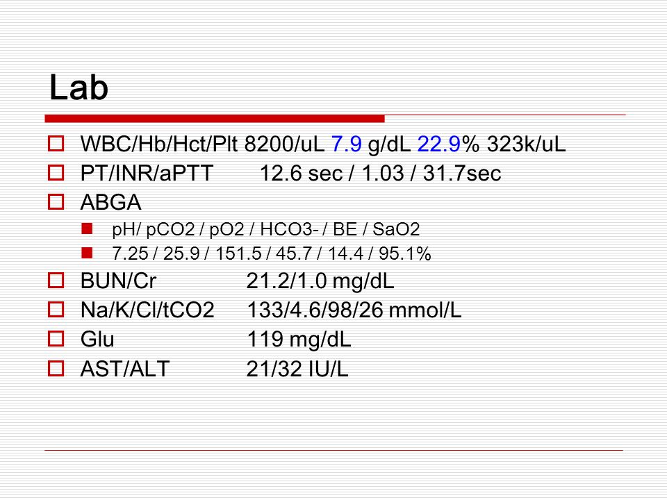 Lab  WBC/Hb/Hct/Plt 8200/uL 7.9 g/dL 22.9% 323k/uL  PT/INR/aPTT 12.6 sec / 1.03 / 31.7sec  ABGA pH/ pCO2 / pO2 / HCO3- / BE / SaO / 25.9 / / 45.7 / 14.4 / 95.1%  BUN/Cr 21.2/1.0 mg/dL  Na/K/Cl/tCO2133/4.6/98/26 mmol/L  Glu 119 mg/dL  AST/ALT 21/32 IU/L