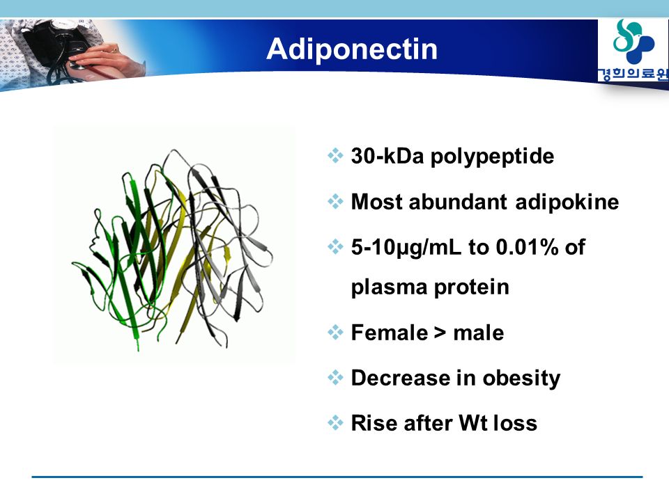 Adiponectin  30-kDa polypeptide  Most abundant adipokine  5-10μg/mL to 0.01% of plasma protein  Female > male  Decrease in obesity  Rise after Wt loss